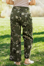 Green Vintage Floral Print Square Patch Pocket Raw Hem Shift Jeans