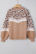 Straw Yellow Leopard Color Block Knit Round Neck Baggy Sweater