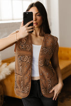 Brown Sherpa Paisley Print Pocketed Western Fashion Vest Jacket