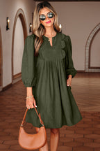 Cinnamon Bracelet Sleeve Split Neck Scallop Detail Pleated Corduroy Mini Dress