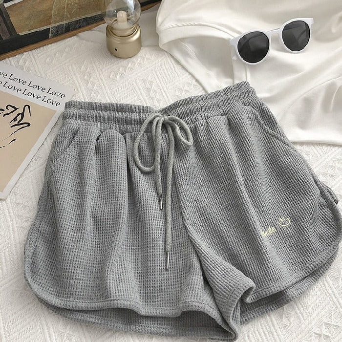 Waffle Knit Sweat Shorts for Women Summer Casual Loose High Waist Home Wear Wide Leg Hot Pants Outerwear