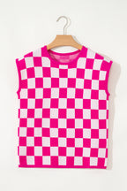 Rose Check Pattern Cap Sleeve Knitted Sweater