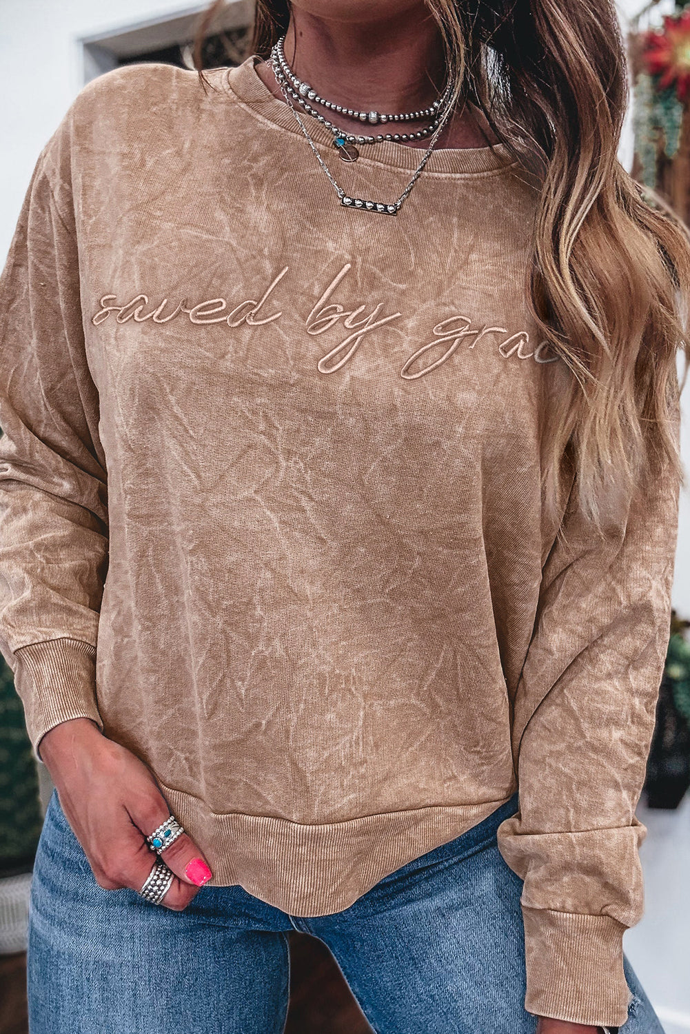 High-rise saved by grace Letter Embroidery Mineral Wash Loose Sweatshirt