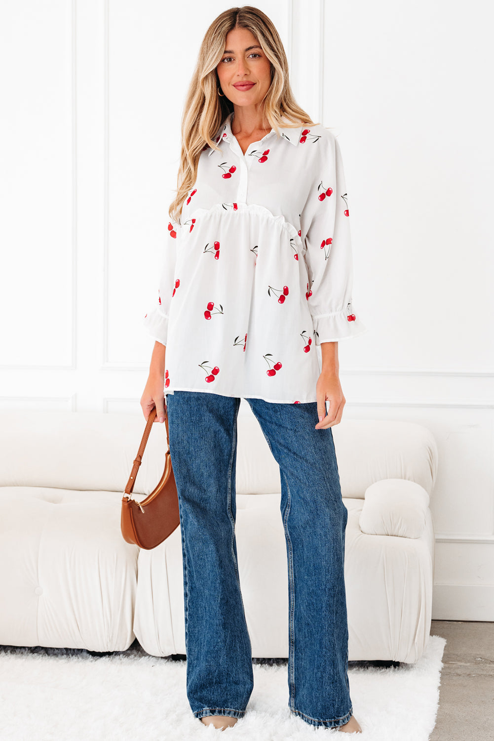 White Cherry Print Flounce Sleeve Collared Frilled Babydoll Blouse