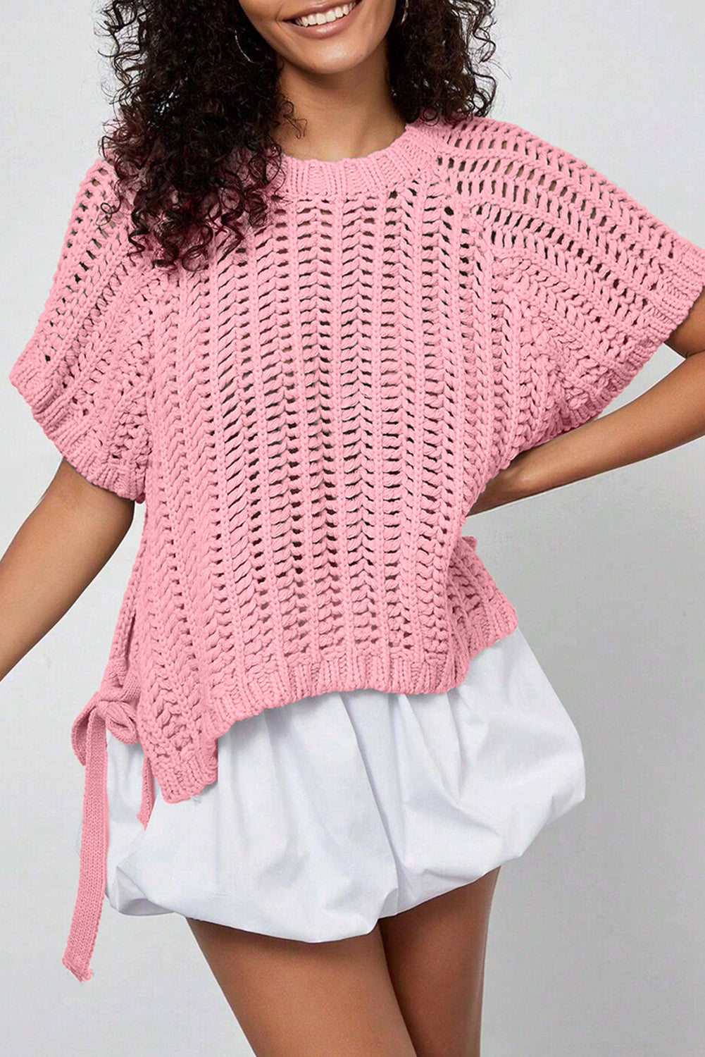 Black Plus Size Open Knit Bow Tie Short Sleeve Sweater