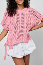 Black Plus Size Open Knit Bow Tie Short Sleeve Sweater