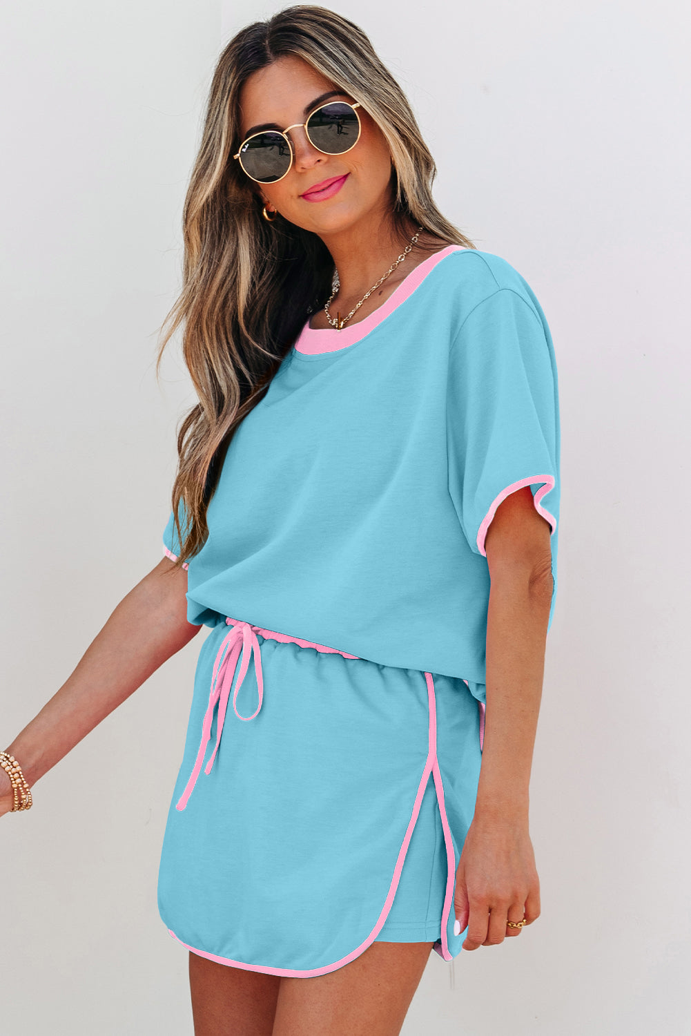 Evergreen Colorblock Edge Drop Shoulder T Shirt and Skort 2Pcs Set