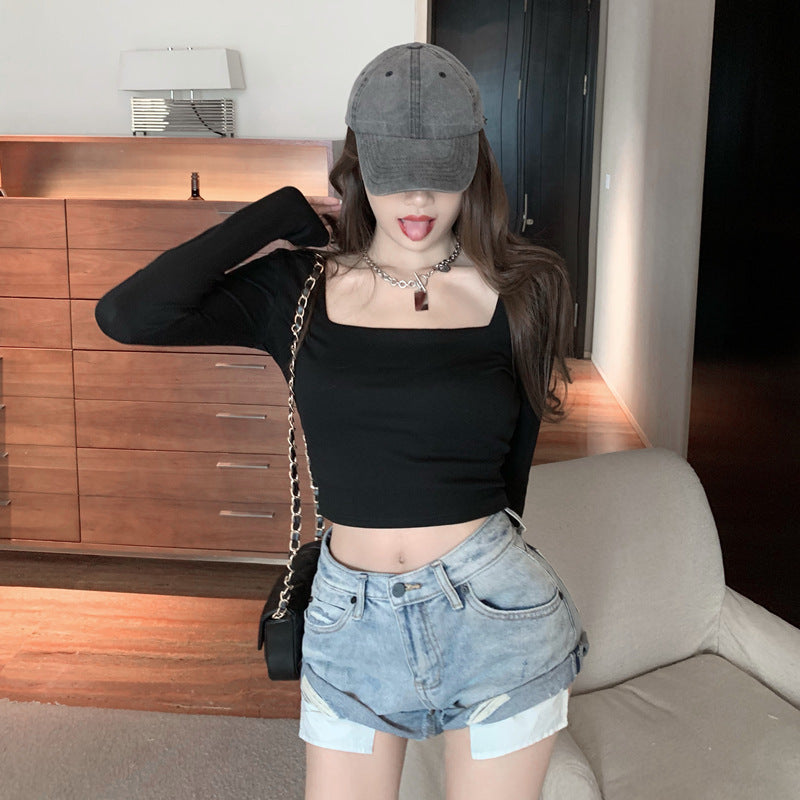 T-shirt Innerwear Vintage Fitted Top for Women Long Sleeve Early Autumn Square Neck Basic Shirt Trendy
