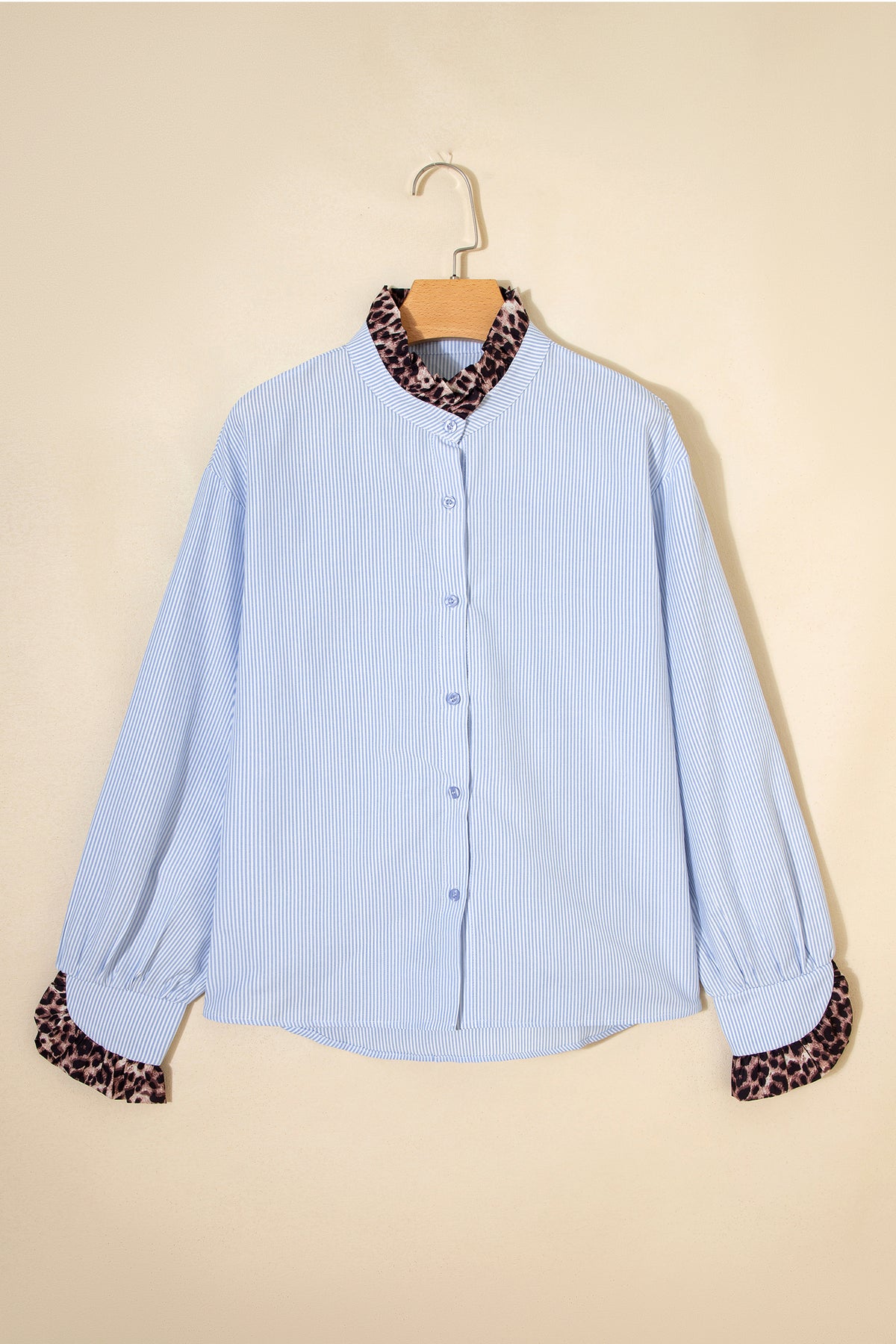 Sky Blue Stripe Ruffled Leopard Patchwork Long Sleeve Button Down Loose Shirt