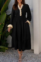 Black Contrast Leopard Frilled Trim V Neck Bracelet Sleeve Midi Dress