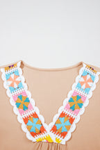 Pale Chestnut Crochet Floral V Neck Textured Short Sleeve Blouse