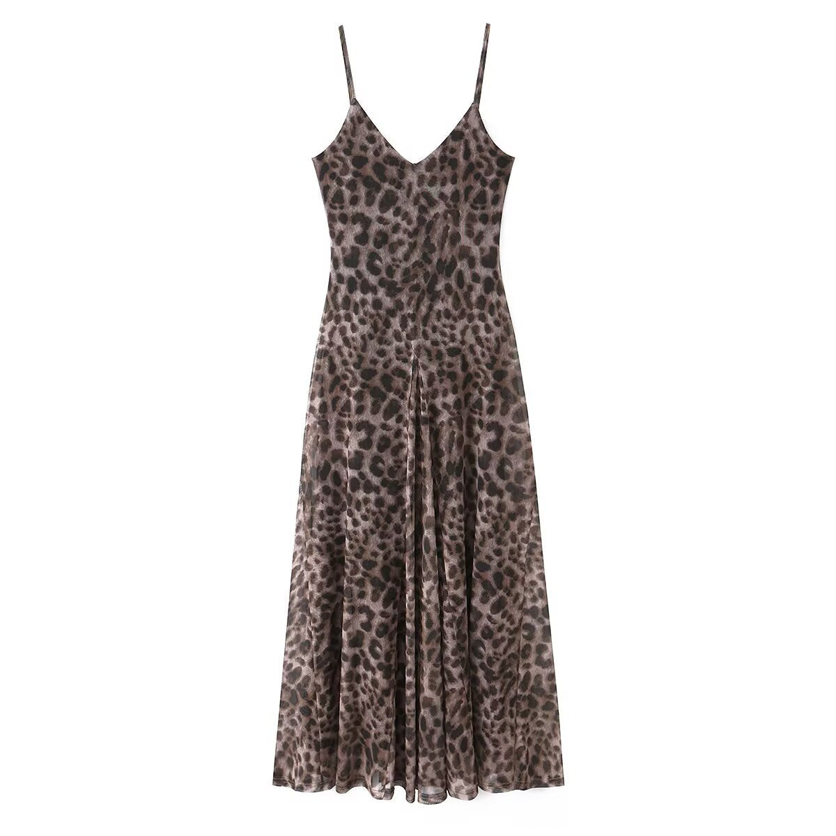 Spicy leopard print elastic mesh sleeveless suspender dress