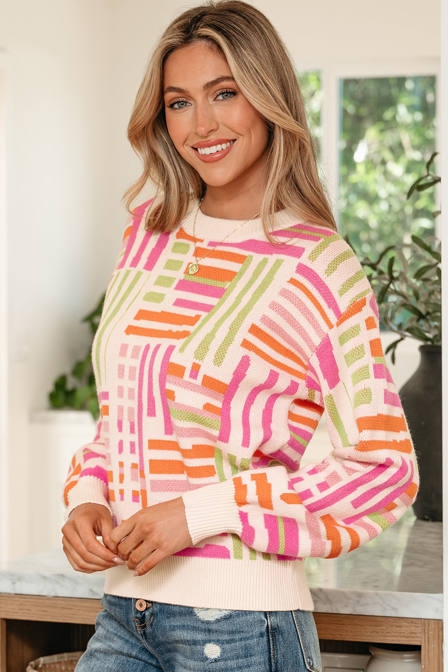 Rose Love Lines Pattern Crew Neck Puff Sleeve Sweater