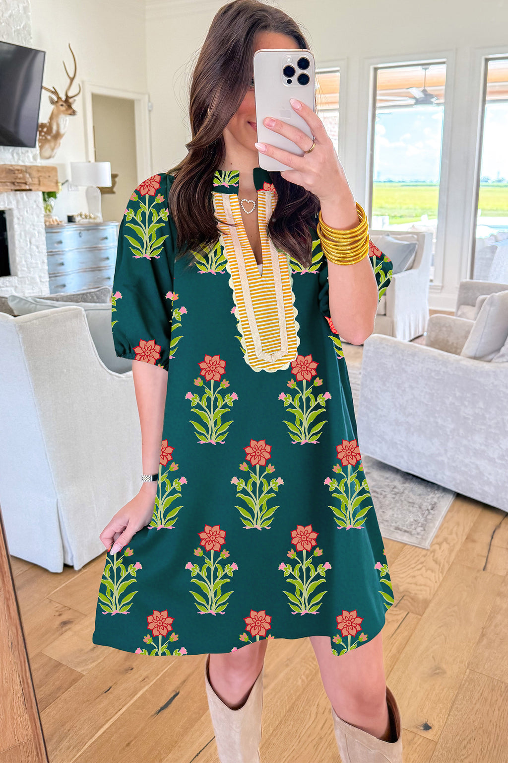 Green Floral Print Contrast Trim Striped Patchwork Short Sleeve Dress