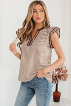 Khaki Stripe Double Ruffled Short Sleeve V Neck Blouse