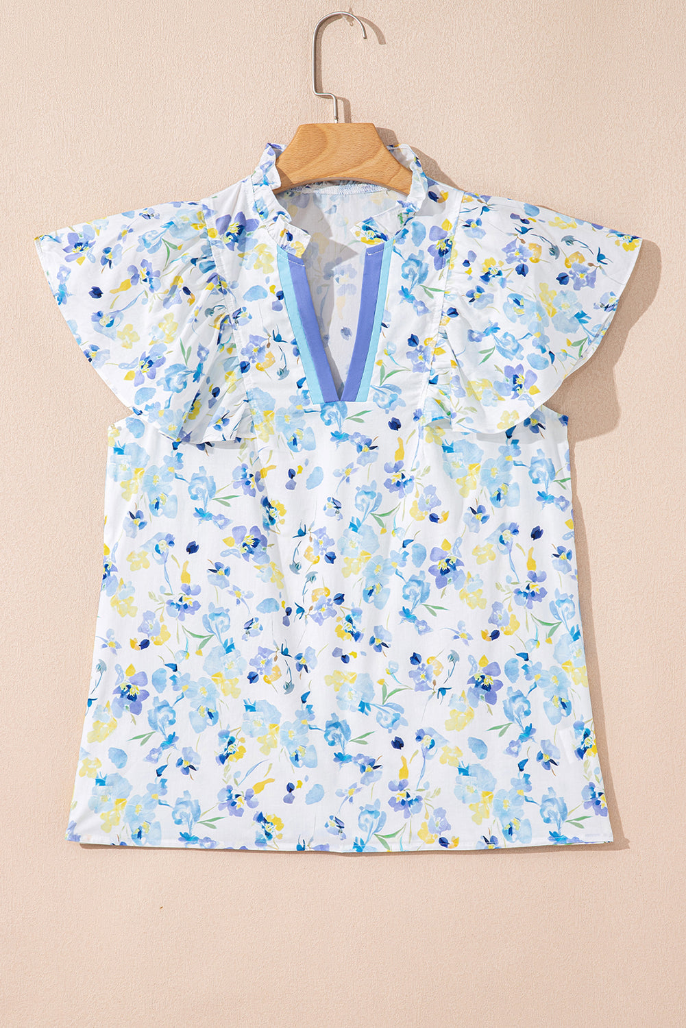 Sky Blue Floral Print Frilled Notched V Neck Blouse