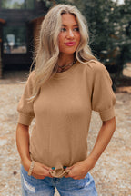 Light French Beige Solid Color Knit Short Puff Sleeve Sweater