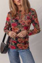 Multicolour Floral Print Lettuce Trim Long Sleeve Mesh Top