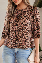 Brown Leopard Bow Tie Puff Sleeve Blouse
