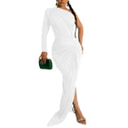 Fashion Women's Solid Color Asymmetrical Neck Single Long Sleeve Long Dress with Pleats