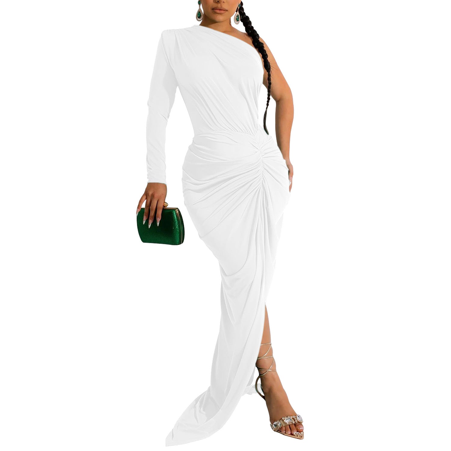 Fashion Women's Solid Color Asymmetrical Neck Single Long Sleeve Long Dress with Pleats