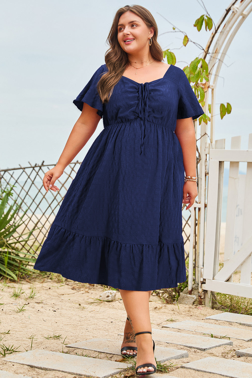 Blue Plus Size Short Sleeve Lace-up High Waist Midi Dress