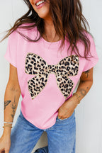 White Leopard Bow Embroidered Cotton Round Neck T Shirt