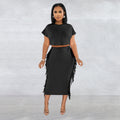 FashionableStyle Solid Color Fringe Round Neck Short Sleeve Long Dress Two-Piece Set