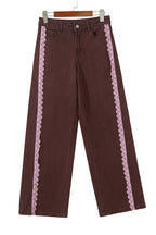 Coffee Lace Trim Casual Full-Length Regular Fit Jeans