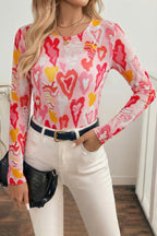 Rose Valentine Heart Mesh Long Sleeve Top