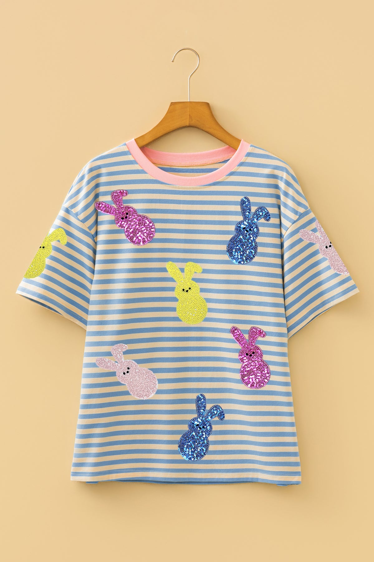 Sky Blue Stripe Sequin Easter Bunny Patched Drop Shoulder Tee