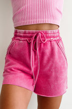 Sea Green Mineral Washed Drawstring Elastic Waist Raw Cut Shorts