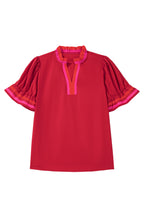 Fiery Red Striped Frilled Collar Ruffled Short Sleeve Blouse