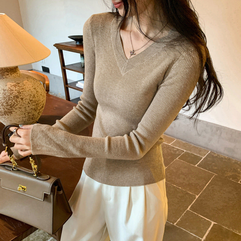 Crewneck Knit Top for Women, Slim Fit Long Sleeve Sweater