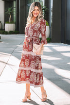 Brown Floral Print Belted Striped Trim Tiered Maxi Dress