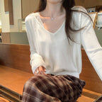 Loose Lazy Style Gray V-Neck Long Sleeve Knit Top for Women Lightweight Elegant Slimming Upper Wear
