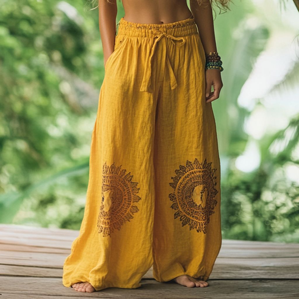 Elegant Style Printed Wide-Leg Pants Long Pants