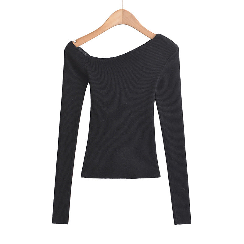 Slanted shoulder off shoulder slim fit long sleeved top