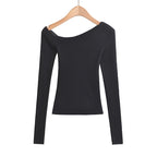 Slanted shoulder off shoulder slim fit long sleeved top