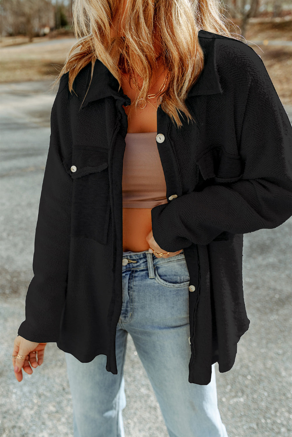 Brown Contrast Flap Pockets Relaxed Shacket