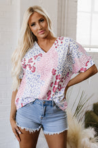Sky Blue Mixed Leopard Print V Neck Short Sleeve Blouse