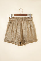 Gold Metallic Luster Tie Elastic Waist Cuffed Hem Shorts