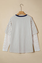 Blue Stripe 88 LOS ANGEL Graphic Lace Patchwork Faux Two Piece V Neck Top