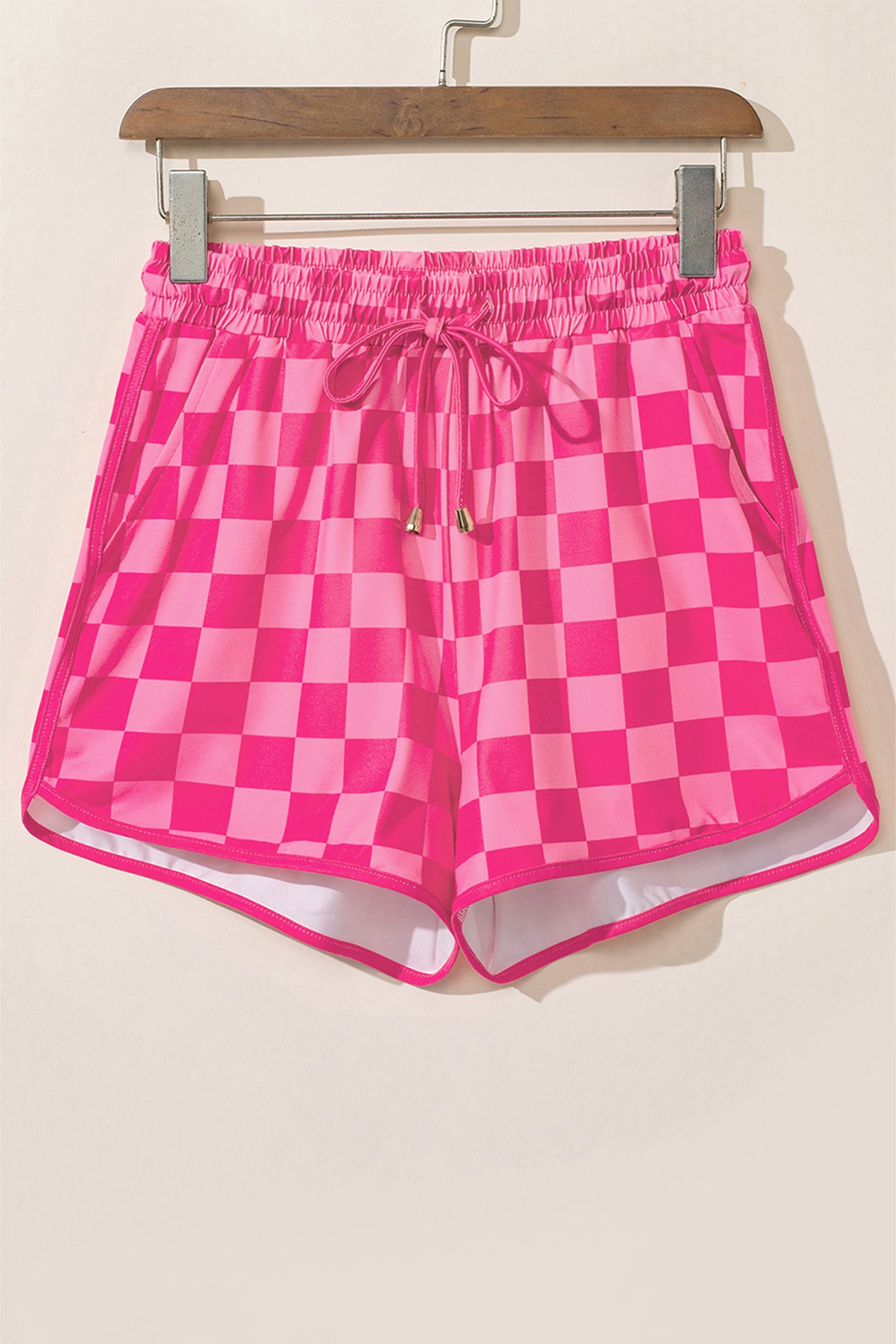 Black Checkered Drawstring Elastic Waist Casual Shorts