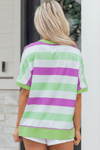 Green Stripe Lucky Clover Embroidered Graphic Dolman Loose Tee