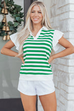 Green Stripe Collar V Neck Ruffled Short Sleeve Blouse