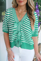 Sky Blue Stripe Short Sleeve Knit V Neck Bow Knot Sweater