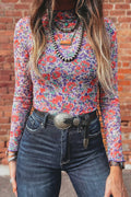 Blue Slim Fit Floral Mesh Long Sleeve Mock Neck Top