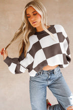 Pink Checkered Bishop Sleeve Sweater