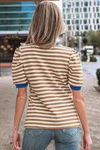 Rose Stripe Short Puff Sleeve Contrast Trim Round Neck Tee